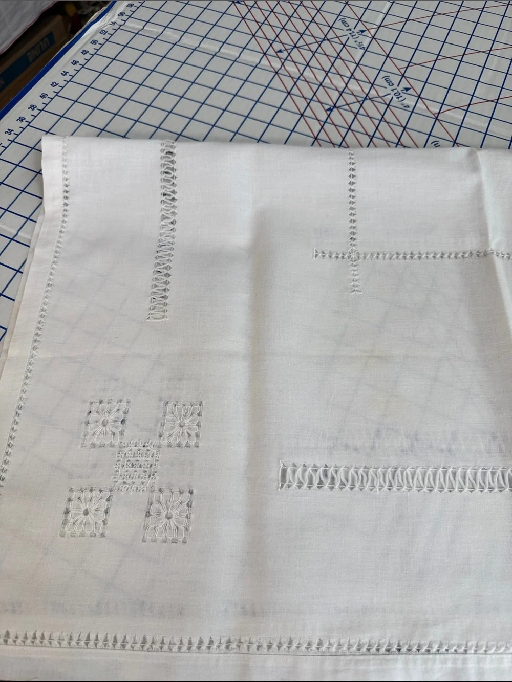 Vintage White Linen Madeira Style Table Topper 34 x 32 Drawn Thread Cutwork